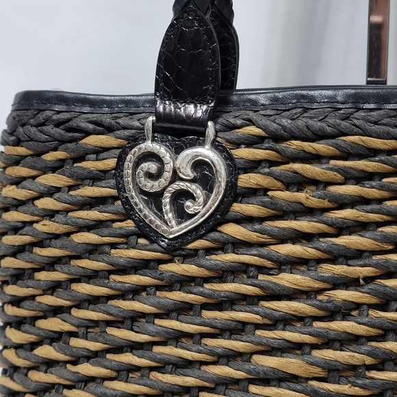 Vintage Brighton Raffia Straw Leather Trim Shoulder Bag - Black & Tan - Picture 2 of 16